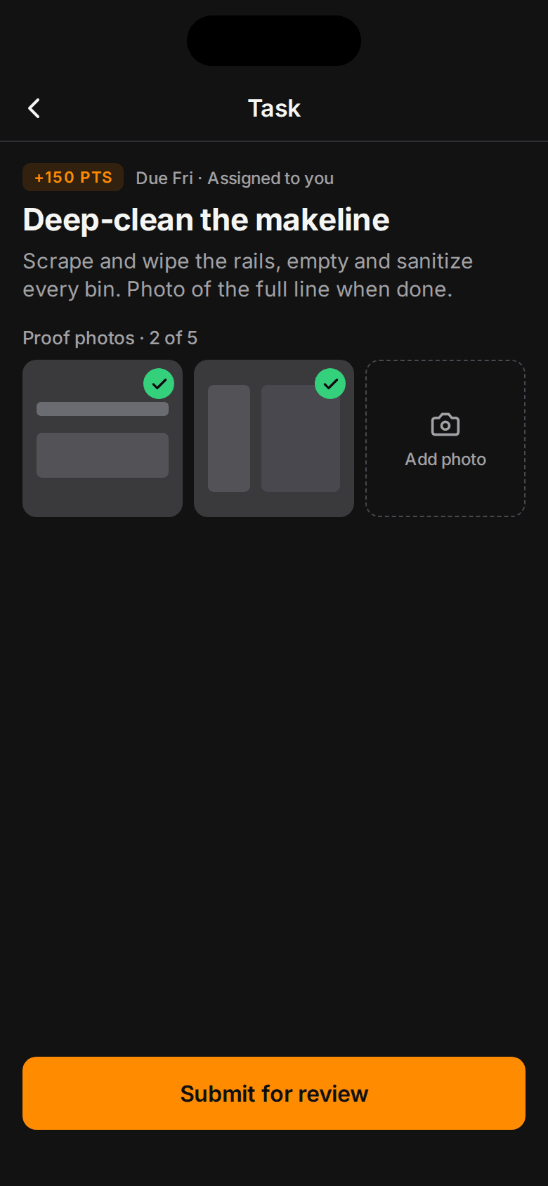 Crew member adding two proof photos to the task and tapping Submit for review